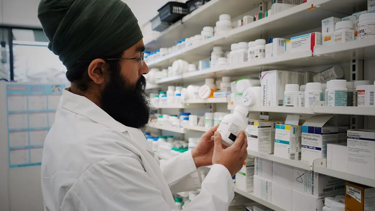 Farmacêutico de jaleco conferindo um frasco de medicamento diante das prateleiras da farmácia